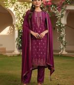 magenta color woven design silk blend styles kurta trouser with dupatta