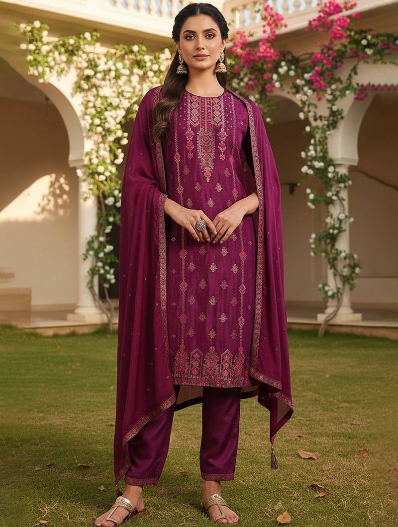 magenta color woven design silk blend styles kurta trouser with dupatta