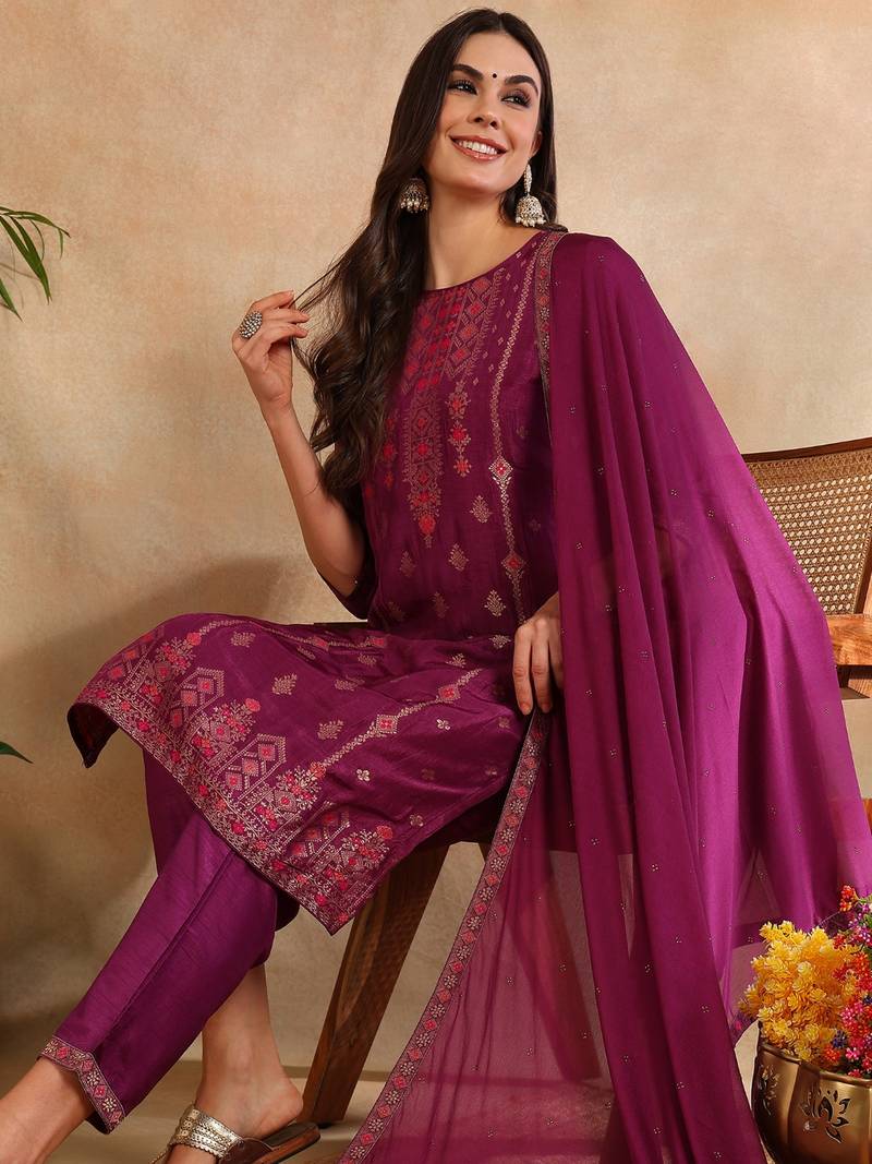 magenta color woven design silk blend styles kurta trouser with dupatta