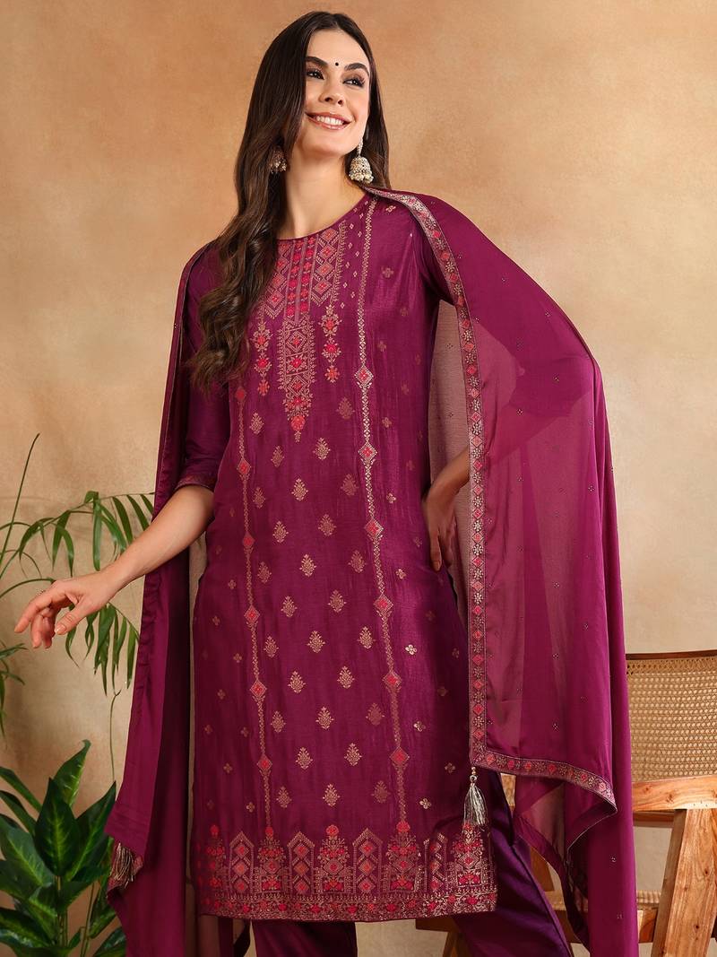 magenta color woven design silk blend styles kurta trouser with dupatta