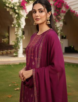 magenta color woven design silk blend styles kurta trouser with dupatta 3