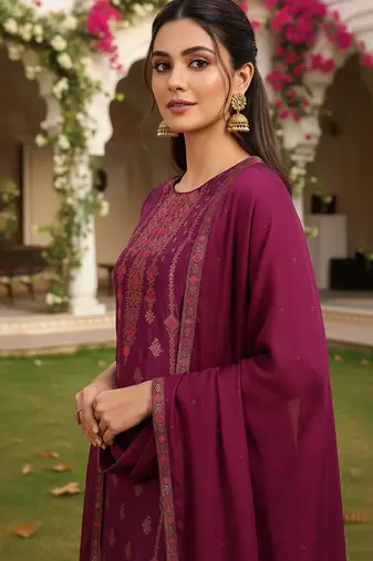 magenta color woven design silk blend styles kurta trouser with dupatta