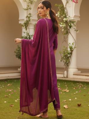 magenta color woven design silk blend styles kurta trouser with dupatta 4