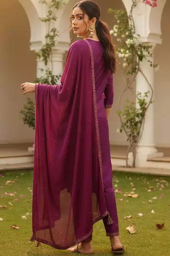 magenta color woven design silk blend styles kurta trouser with dupatta
