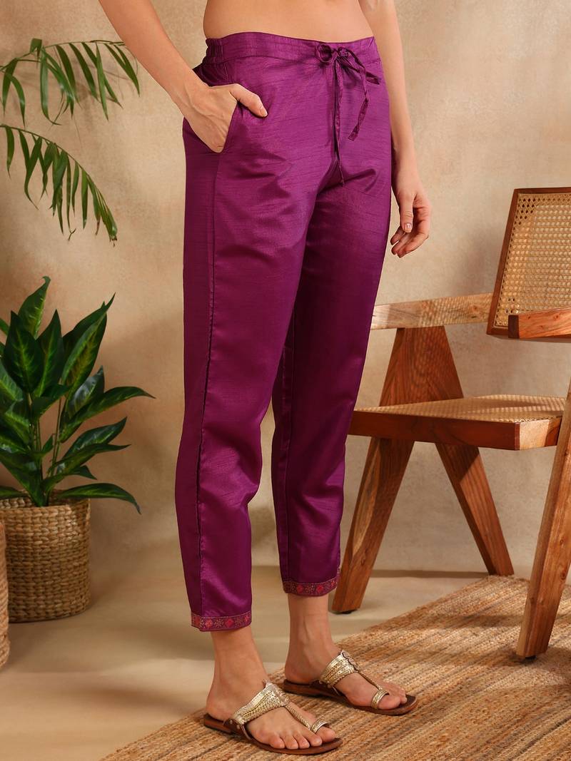 magenta color woven design silk blend styles kurta trouser with dupatta