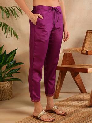 magenta color woven design silk blend styles kurta trouser with dupatta 5