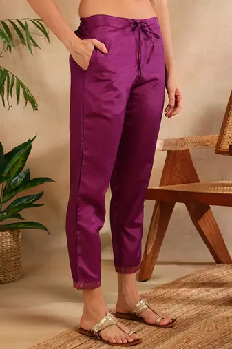 magenta color woven design silk blend styles kurta trouser with dupatta