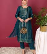 teal color woven design silk blend styles kurta trouser with dupatta