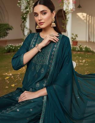 teal color woven design silk blend styles kurta trouser with dupatta 2