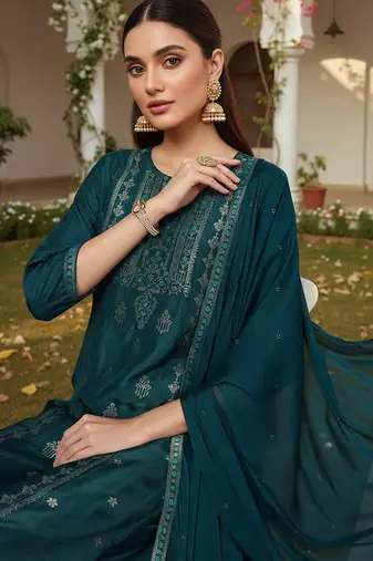teal color woven design silk blend styles kurta trouser with dupatta