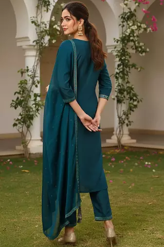 teal color woven design silk blend styles kurta trouser with dupatta