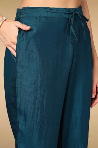 teal color woven design silk blend styles kurta trouser with dupatta