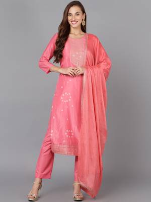 pink color woven design silk blend styles kurta trouser with dupatta 1
