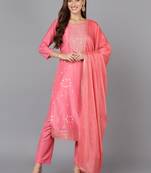 pink color woven design silk blend styles kurta trouser with dupatta