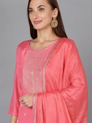 pink color woven design silk blend styles kurta trouser with dupatta 2