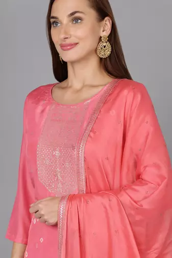 pink color woven design silk blend styles kurta trouser with dupatta