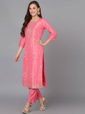 pink color woven design silk blend styles kurta trouser with dupatta 3