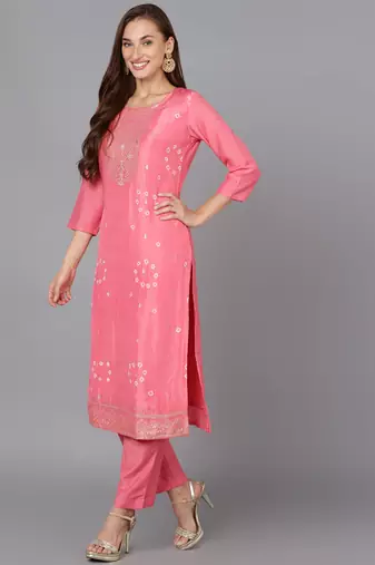 pink color woven design silk blend styles kurta trouser with dupatta