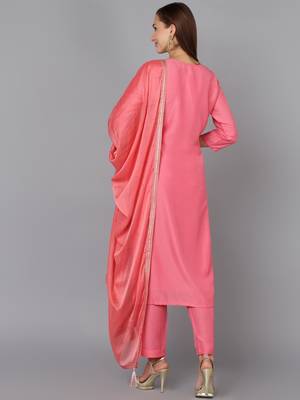 pink color woven design silk blend styles kurta trouser with dupatta 4