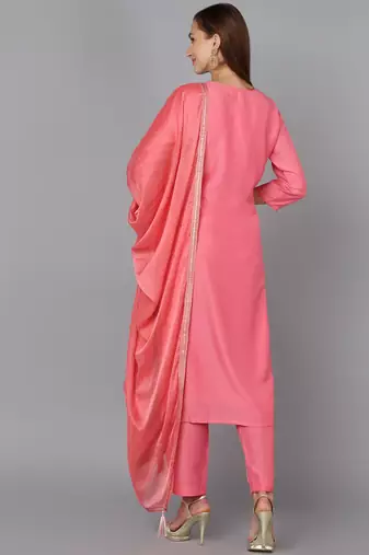 pink color woven design silk blend styles kurta trouser with dupatta