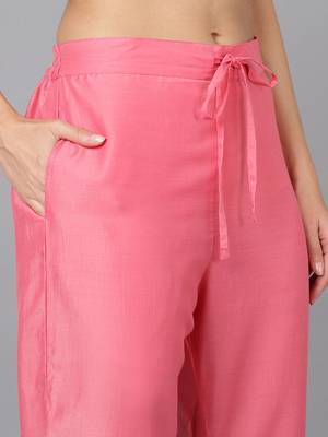 pink color woven design silk blend styles kurta trouser with dupatta 5