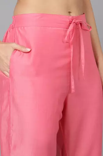 pink color woven design silk blend styles kurta trouser with dupatta