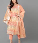 ahika peach color woven design poly chanderi styles kurta trouser with dupatta