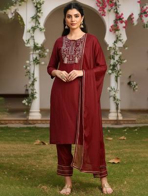 red color embroidered silk blend styles kurta trouser with dupatta 1