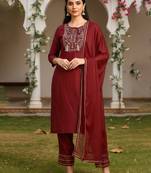 red color embroidered silk blend styles kurta trouser with dupatta