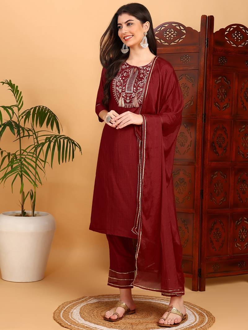 red color embroidered silk blend styles kurta trouser with dupatta