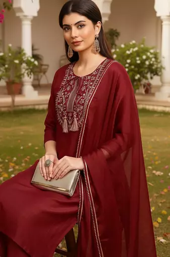 red color embroidered silk blend styles kurta trouser with dupatta
