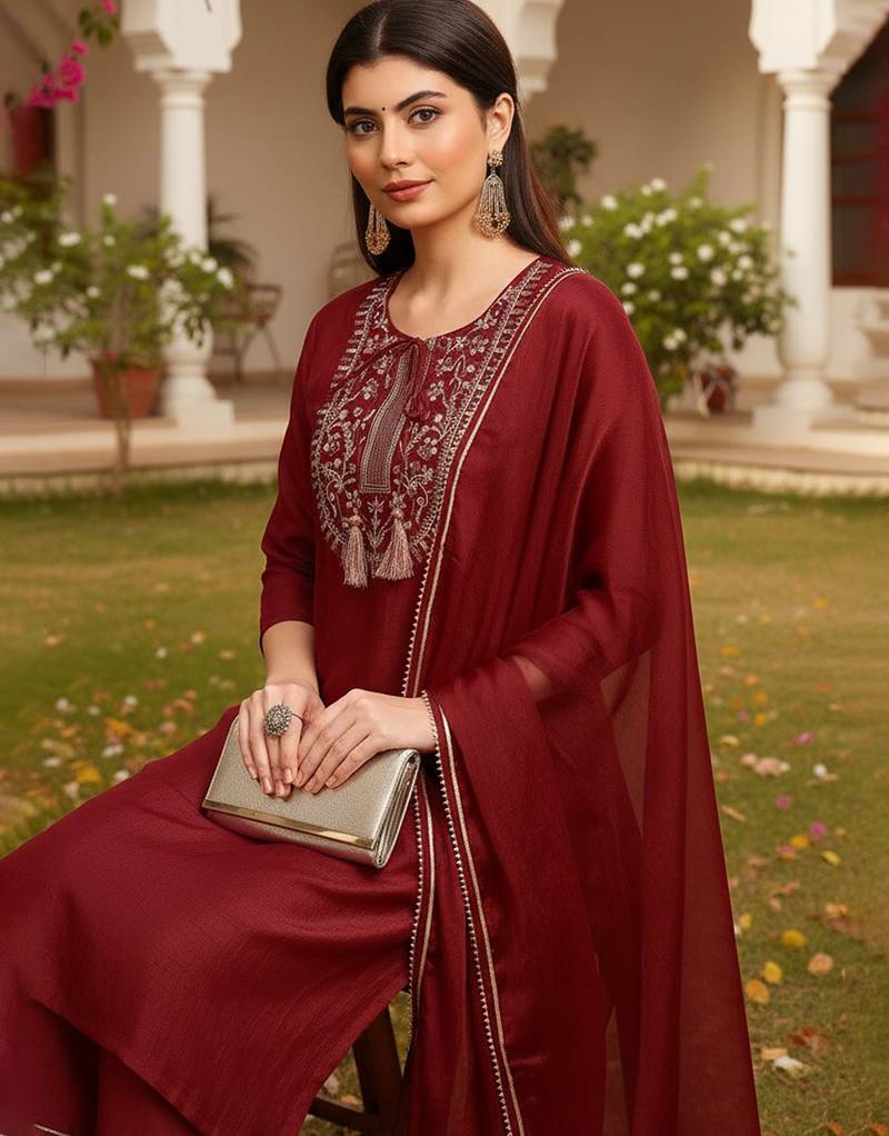 red color embroidered silk blend styles kurta trouser with dupatta