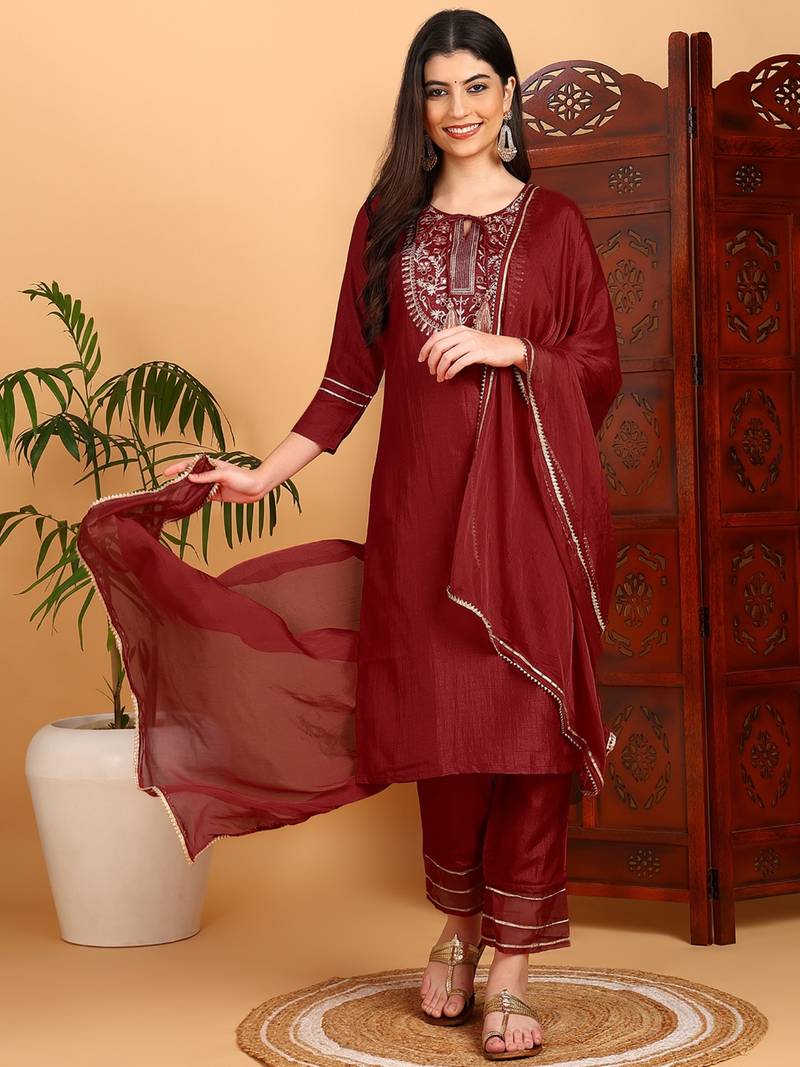 red color embroidered silk blend styles kurta trouser with dupatta