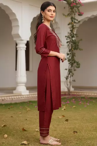 red color embroidered silk blend styles kurta trouser with dupatta