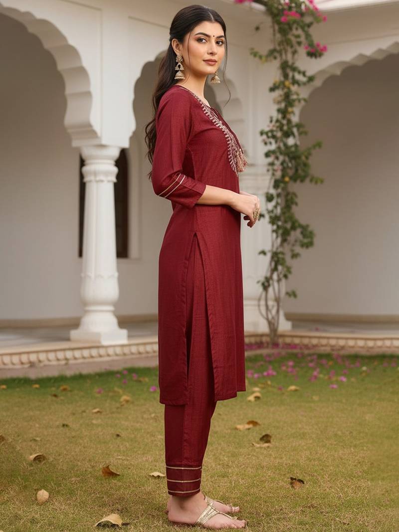 red color embroidered silk blend styles kurta trouser with dupatta