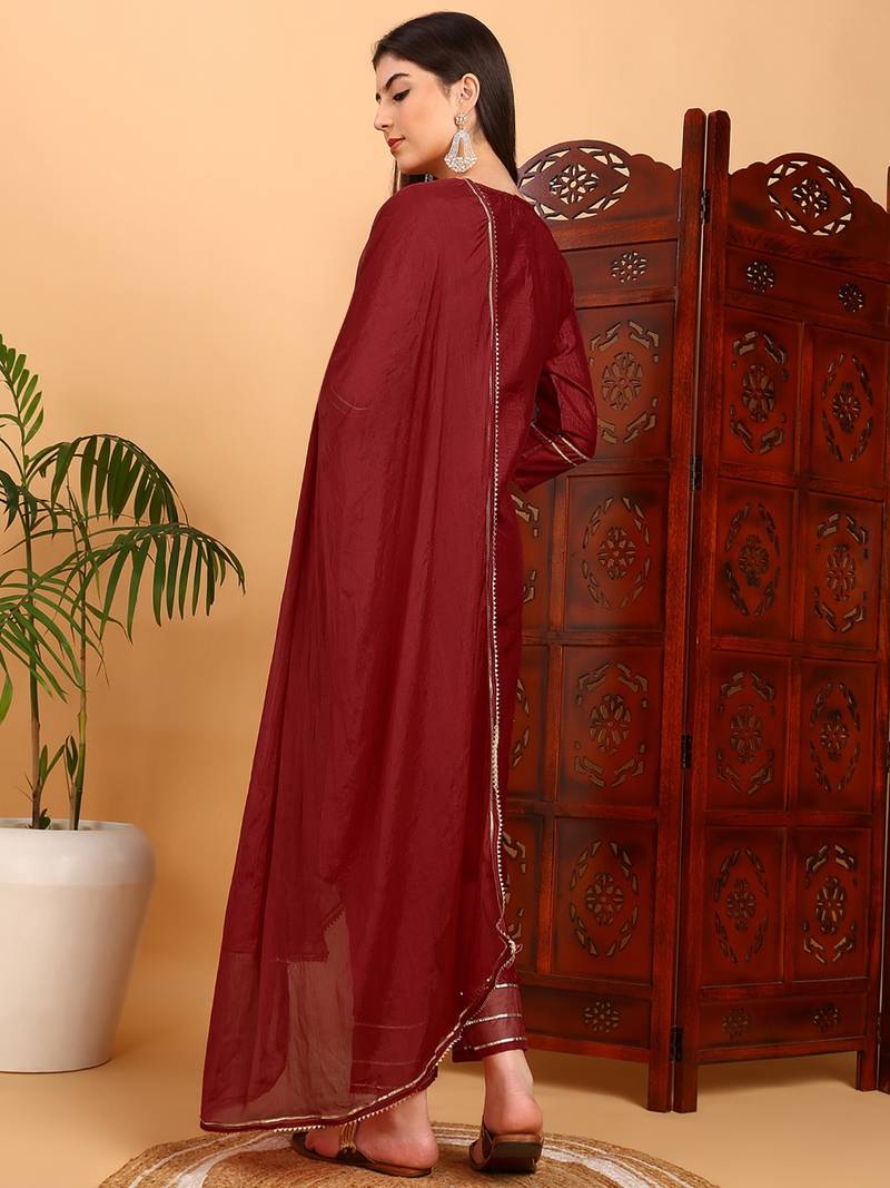 red color embroidered silk blend styles kurta trouser with dupatta