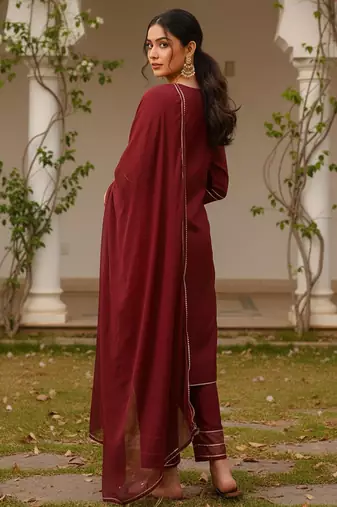 red color embroidered silk blend styles kurta trouser with dupatta