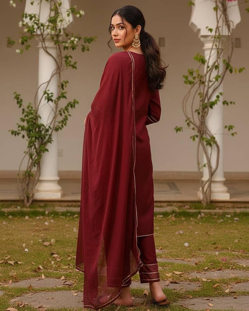 red color embroidered silk blend styles kurta trouser with dupatta