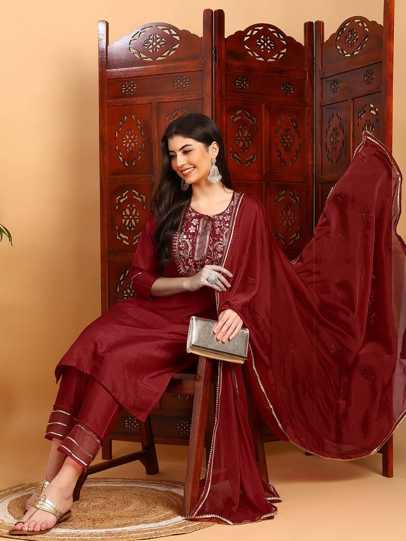 red color embroidered silk blend styles kurta trouser with dupatta