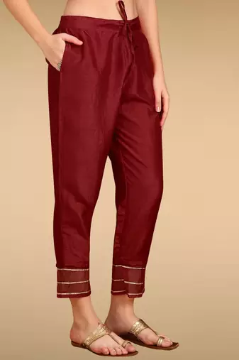 red color embroidered silk blend styles kurta trouser with dupatta
