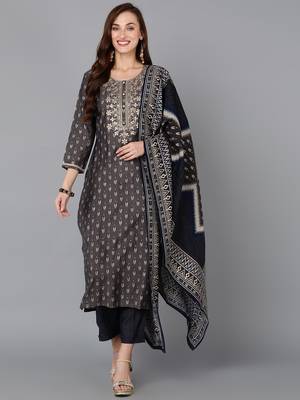 grey color embroidered silk blend styles kurta trouser with dupatta 1