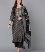 grey color embroidered silk blend styles kurta trouser with dupatta