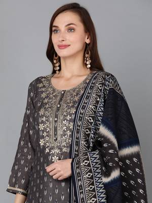 grey color embroidered silk blend styles kurta trouser with dupatta 2