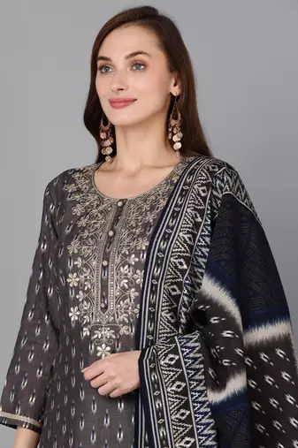 grey color embroidered silk blend styles kurta trouser with dupatta