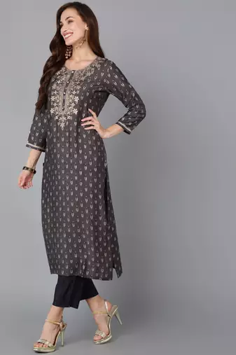 grey color embroidered silk blend styles kurta trouser with dupatta