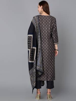 grey color embroidered silk blend styles kurta trouser with dupatta 4