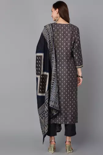 grey color embroidered silk blend styles kurta trouser with dupatta