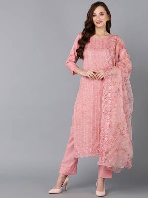 peach color embroidered organza styles kurta trouser with dupatta 1