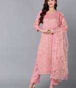 peach color embroidered organza styles kurta trouser with dupatta