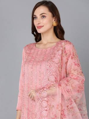 peach color embroidered organza styles kurta trouser with dupatta 2
